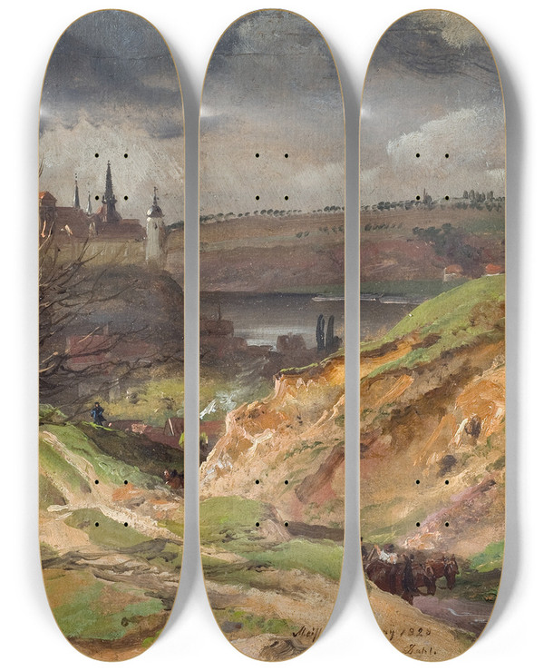 Triptych art skateboard deck of Johan Christian Dahl View Of Meissenstudy by Johan Christian Dahl (1788-1857)