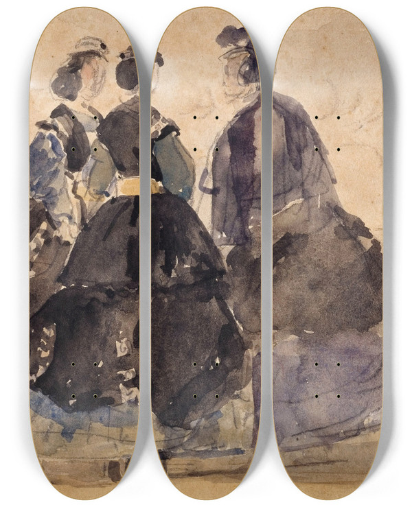 Triptych art skateboard deck of Eugne Boudin Femme Assise Et Divers Personnages Au Bord De La Mer by Eugene Boudin (1824-1898)