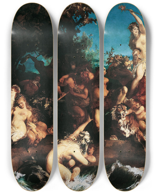 Triptych art skateboard deck of Hans Makart Bacchus And Ariadne by Hans Makart (1840-1884)