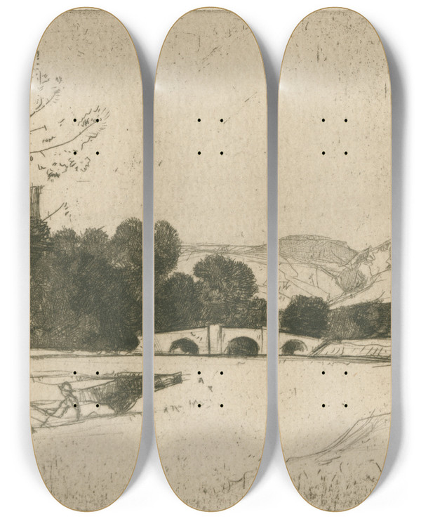 Triptych art skateboard deck of David Young Cameron On The Wye At Haddon by David Young Cameron (1865-1945)