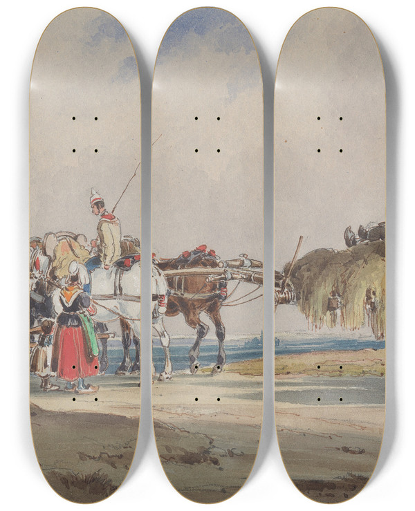 Triptych art skateboard deck of Charles Cooper Henderson A Hay Wagon Drawn By Four Horses by Charles Cooper Henderson (1803-1877)