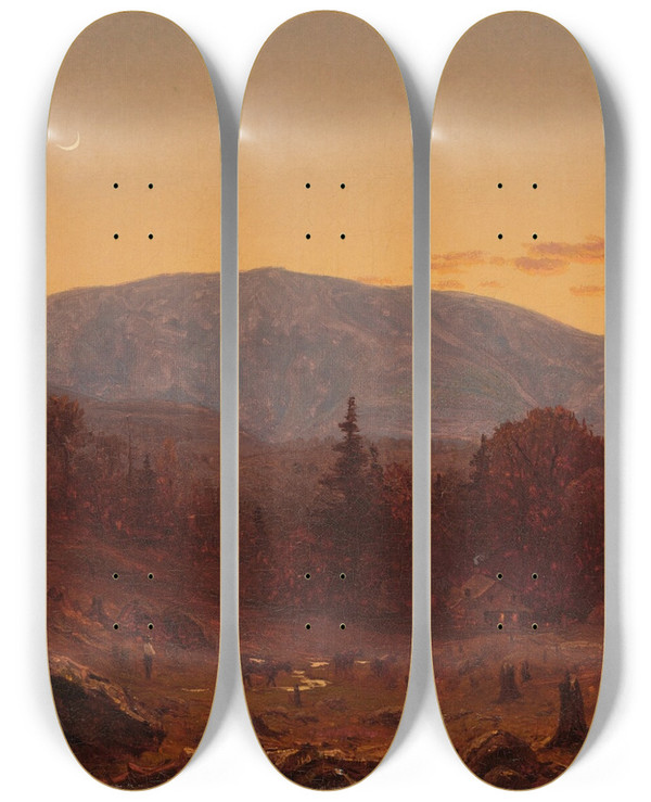 Triptych art skateboard deck of Sanford Robinson Gifford Twilight On Hunter Mountain by Sanford Robinson Gifford (1823-1880)