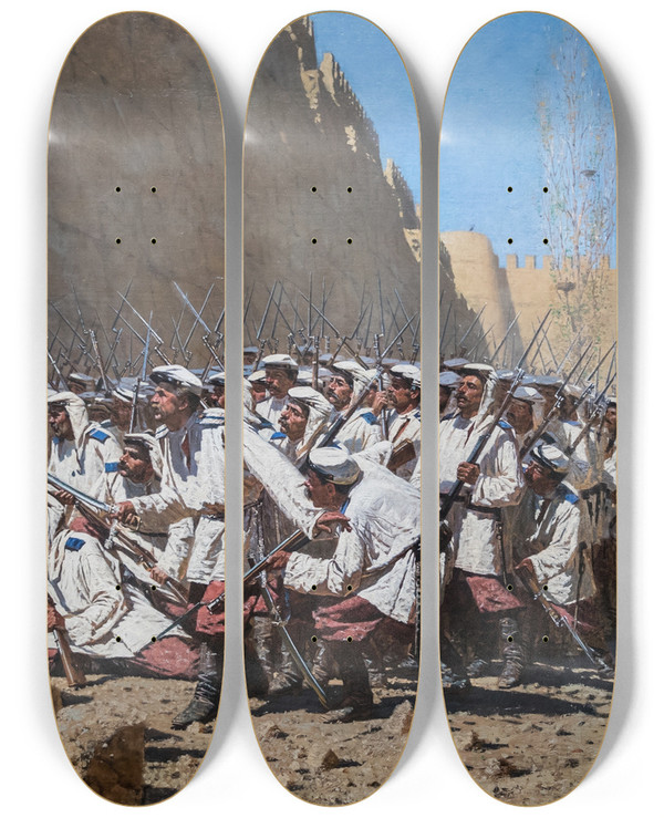 Triptych art skateboard deck of Vasily Vereshchagin Let Them In by Vasily Vereshchagin (1842-1904)