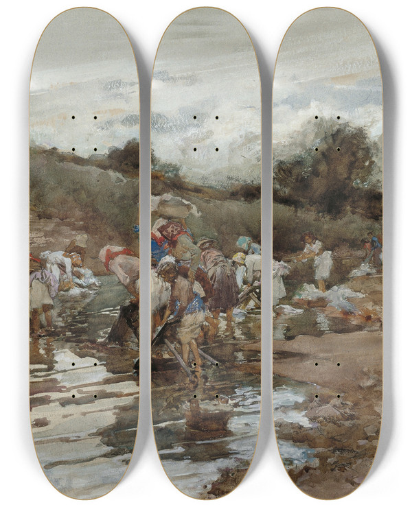 Triptych art skateboard deck of Francisco Pradilla Washerwomen At The River by Francisco Pradilla (1848-1921)
