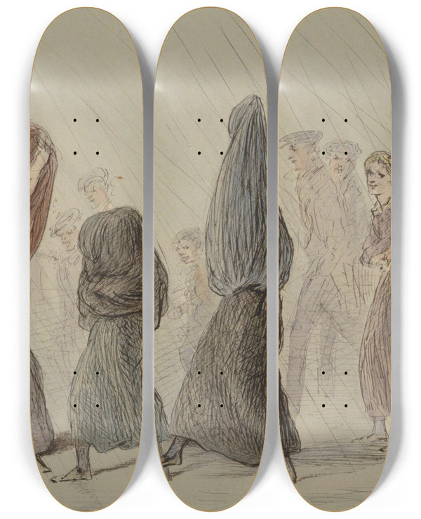Triptych art skateboard deck of Alexander Ver Huell Fabrieksmeisjes In Een Regenbui by Alexander Ver Huell (1822-1897)