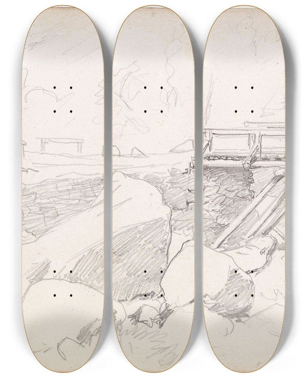 Triptych art skateboard deck of Hans Gude Honingbrui Ved Maristuen by Hans Gude (1825-1903)
