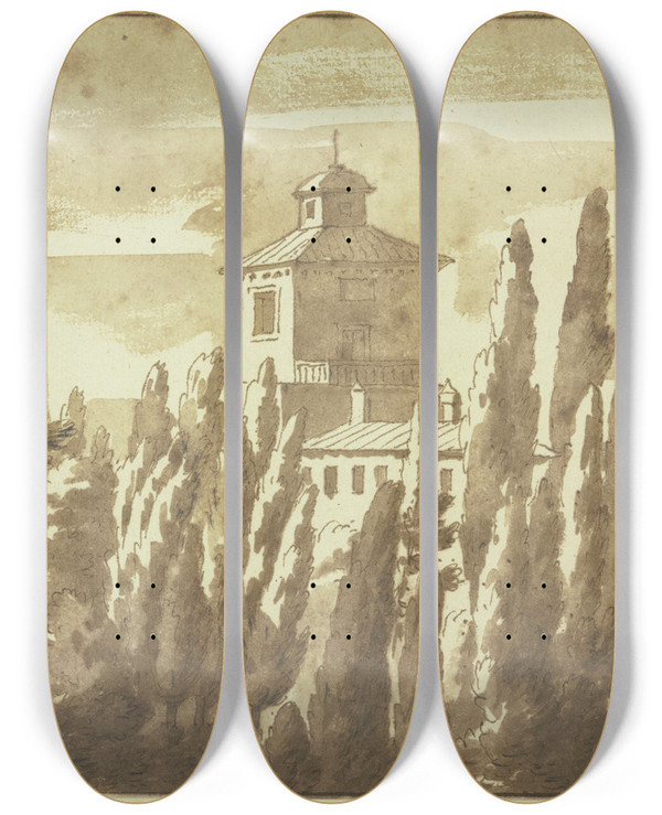Triptych art skateboard deck of Jacob Van Der Ulft Ansicht Des Palastes Zu Palestrina by Jacob van der Ulft (1627-1689)