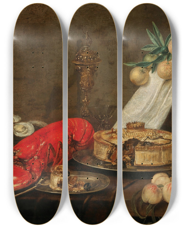 Triptych art skateboard deck of Frans Ykens A Lobster Oysters Pastry Mixed Fruit And Filled Wine Glasses On A Partially Draped Table by Frans Ykens (1601-1693)