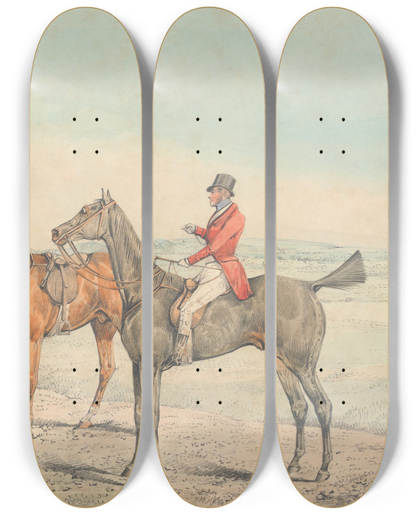 Triptych art skateboard deck of Henry Thomas Alken The Death The Fox Hoist To A Fence by Henry Thomas Alken (1785-1851)