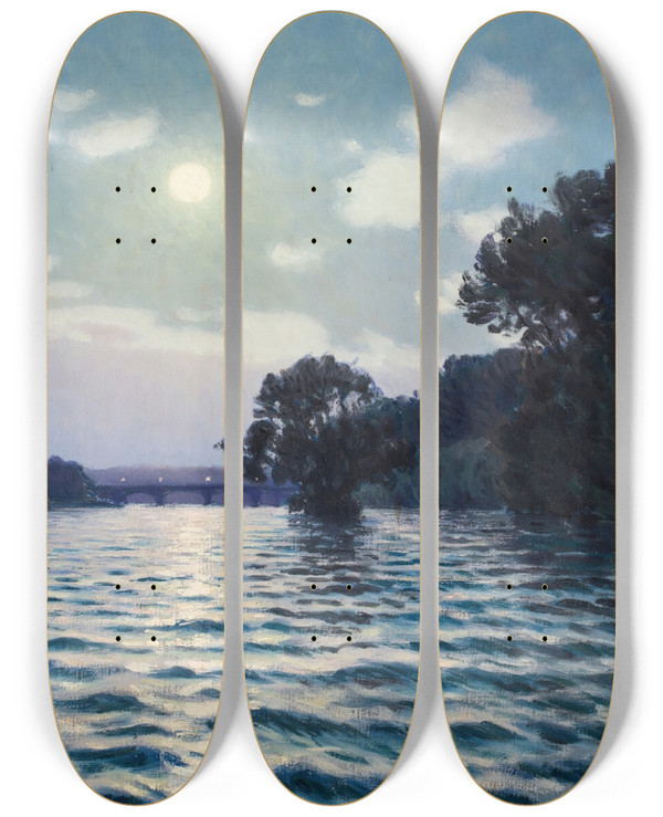 Triptych art skateboard deck of Charles Guilloux Lever De Soleil Sur La Seine by Charles Guilloux (1866-1946)