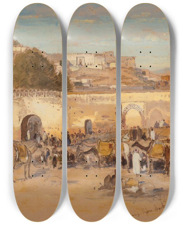 Triptych art skateboard deck of Samuel Colman Evening Before Market At Tangiers by Samuel Colman (1832-1920)