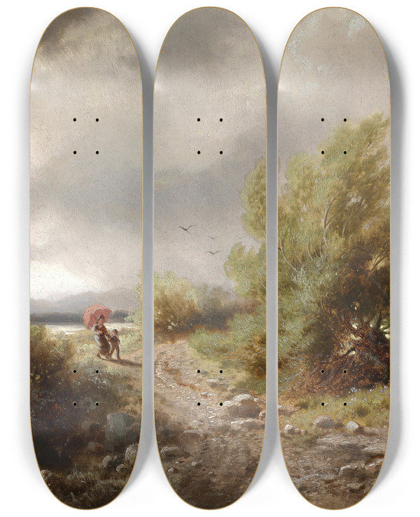 Triptych art skateboard deck of Albert Rieger Aufziehendes Gewitter by Albert Rieger (1934-1905)