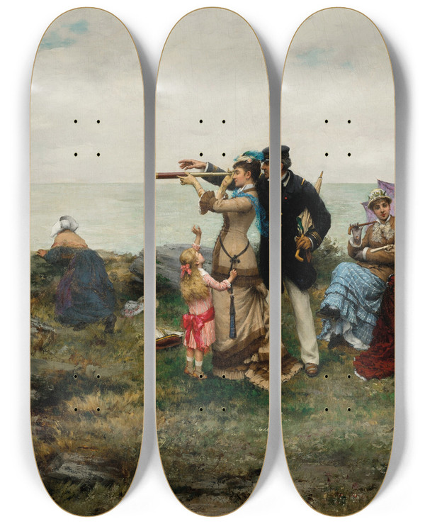 Triptych art skateboard deck of Pierre Outin Sur La Falaise by Pierre Outin (1840-1899)