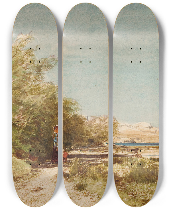 Triptych art skateboard deck of Flix Ziem Martigues Devant La Maison De Ziem by Felix Ziem (1821-1911)
