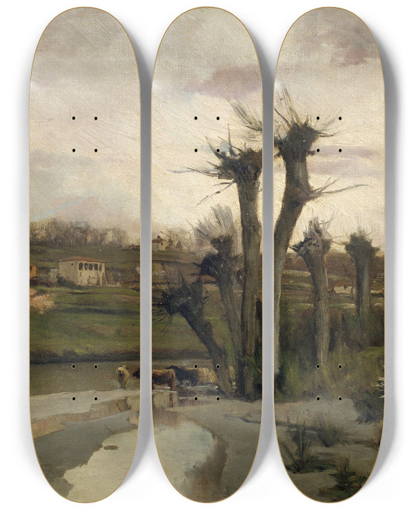 Triptych art skateboard deck of Joaquim Vayreda The Beginning Of Spring by Joaquim Vayreda (1843-1894)