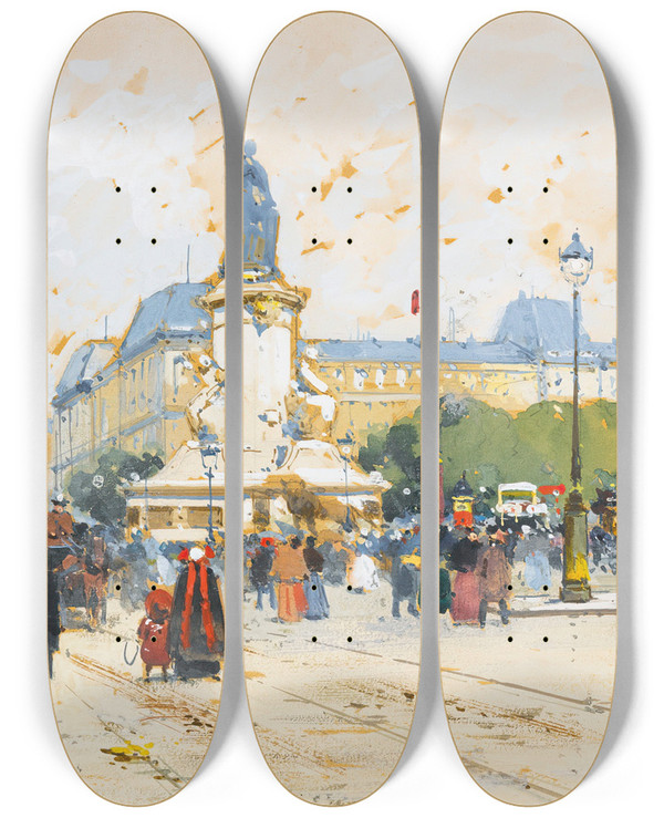 Triptych art skateboard deck of Eugne Galienlaloue Laplace De La Rpublique by Eugene Galien Laloue (1854-1941)