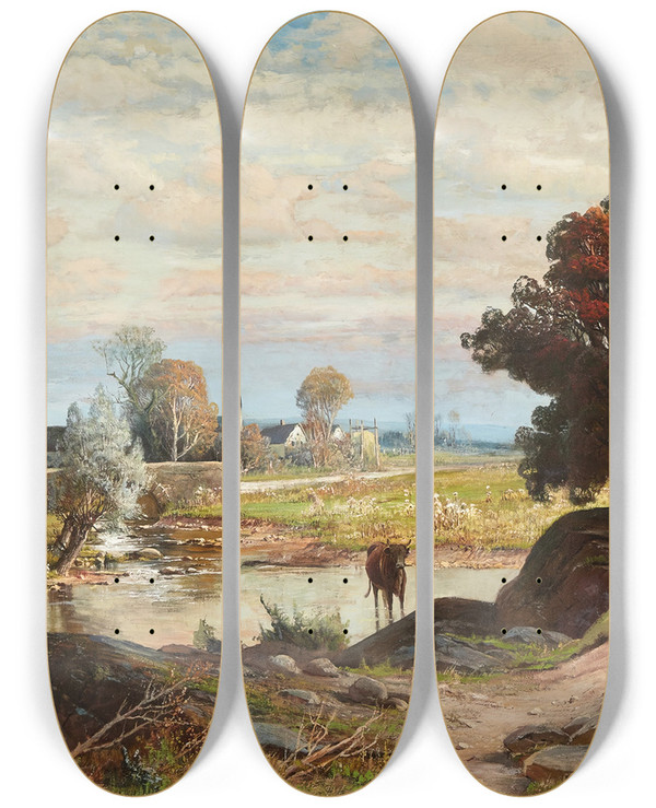 Triptych art skateboard deck of Carl Philipp Weber Landscape With Cows Watering And Town In Background by Carl Philipp Weber (1849-1922)