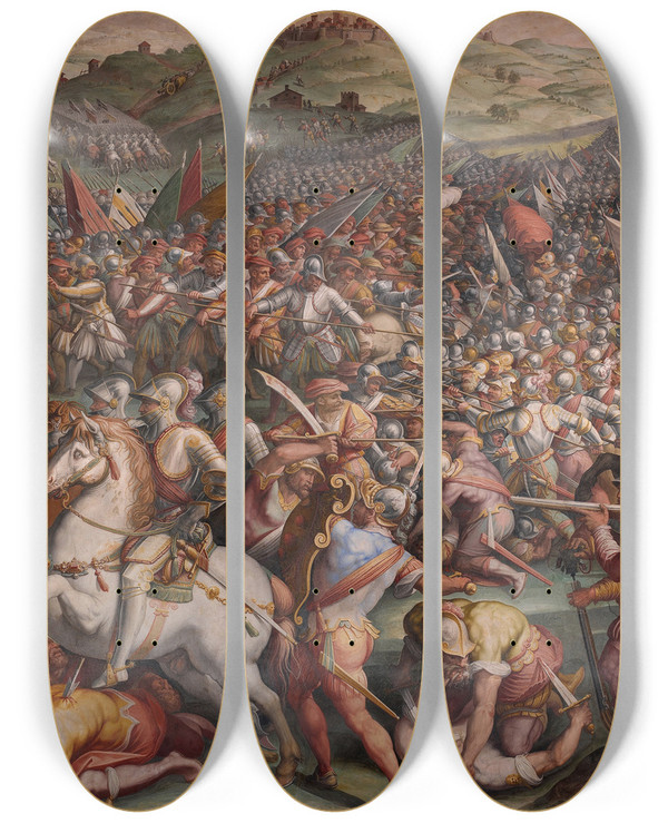 Triptych art skateboard deck of Giorgio Vasari The Battle Of Marciano In Val Di Chiana by Giorgio Vasari (1511-1574)