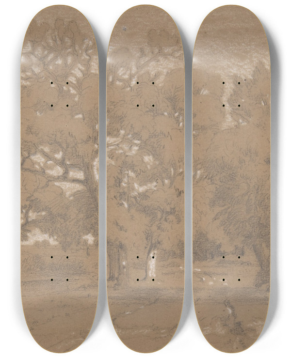 Triptych art skateboard deck of Thodore Rousseau Landscape_1 by Theodore Rousseau (1812-1867)
