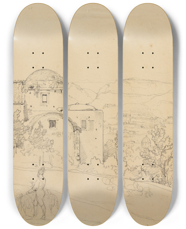 Triptych art skateboard deck of Jacquesraymond Brascassat Le Dischia by Jacques Raymond Brascassat (1804-1867)