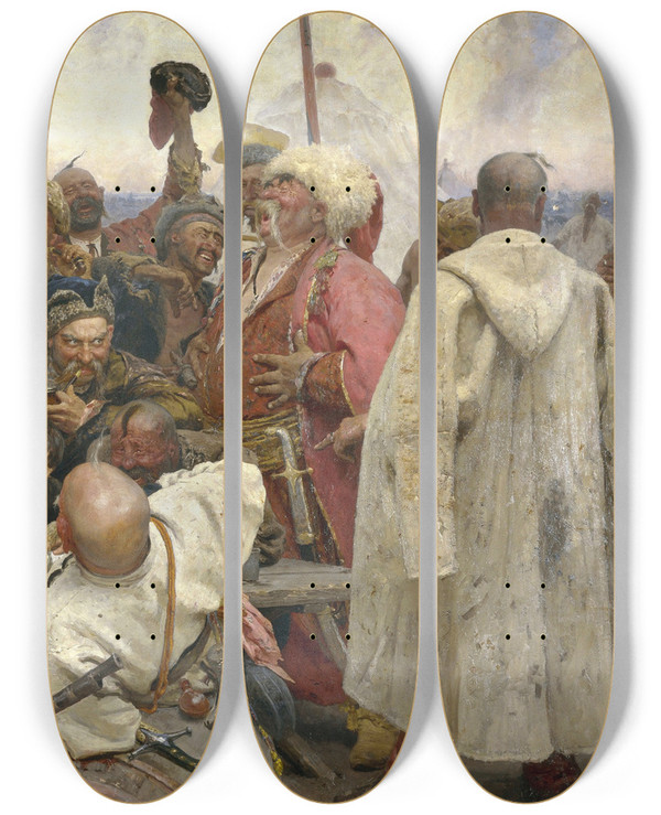 Triptych art skateboard deck of Ilya Efimovich Repin The Reply Of The Zaporozhian Cossacks To Sultan Mehmet Iv by Ilya Efimovich Repin (1844-1930)