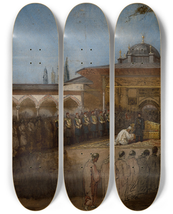 Triptych art skateboard deck of Stanisaw Von Chlebowski Scene With The Sultan by Stanislaw Chlebowski (1835-1884)