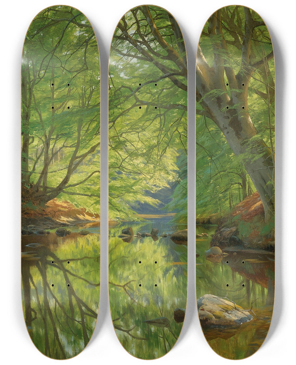 Triptych art skateboard deck of Peder Mrk Mnsted Forest Stream by Peder Mork Monsted (1859-1941)
