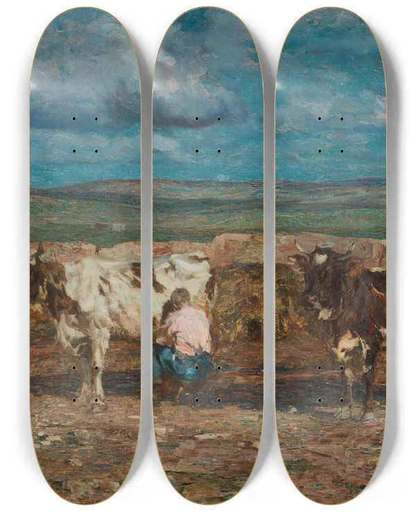 Triptych art skateboard deck of Beppe Ciardi La Mungitura by Beppe Ciardi (1875-1932)
