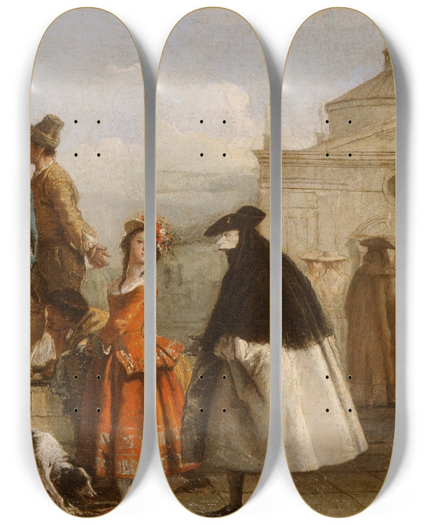Triptych art skateboard deck of Giovanni Domenico Tiepolo The Storyteller by Giovanni Domenico Tiepolo (1727-1804)