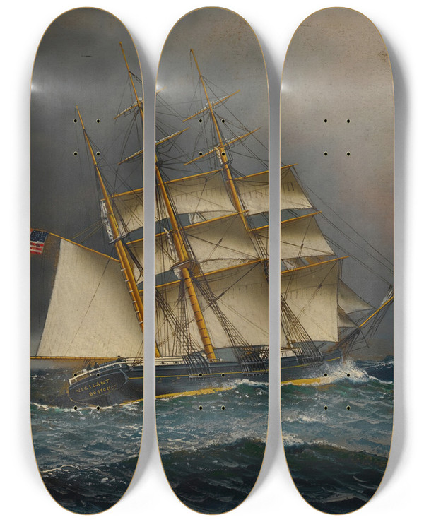 Triptych art skateboard deck of Antonio Jacobsen The Barque Vigilant by Antonio Jacobsen (1850-1921)