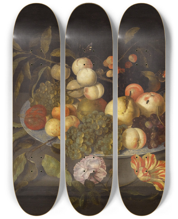 Triptych art skateboard deck of Johannes Bosschaert Still Life With Apples Pears Grapes And Other Fruits In Achinese Porcelain Bowl On A Ledge Alongside A Melon by Johannes Bosschaert (1607-1628)