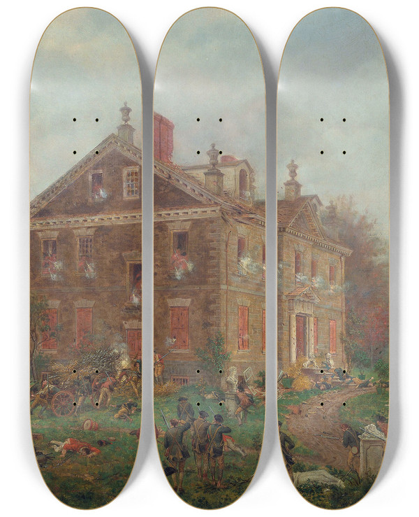 Triptych art skateboard deck of Edward Lamson Henry The Attack On Chews House During The Battle Of Germantown 1777 by Edward Lamson Henry (1841-1919)