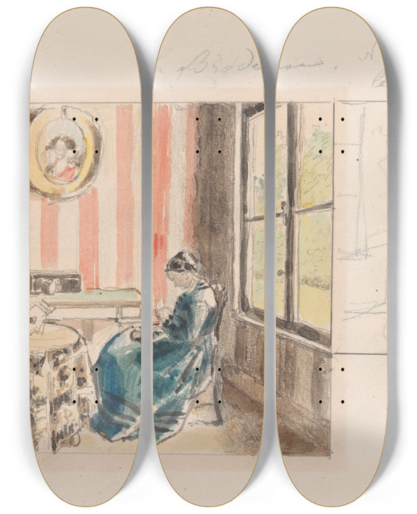 Triptych art skateboard deck of Henri De Braekeleer The Embroiderer by Henri de Braekeleer (1840-1888)