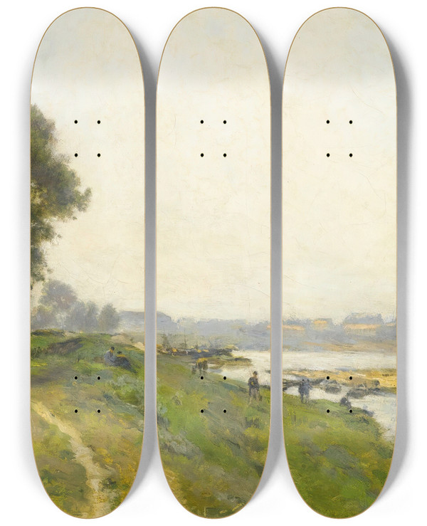 Triptych art skateboard deck of Stanislas Lpine Ivrysurseine Le Confluent Avec La Marne by Stanislas Lepine (1835-1892)