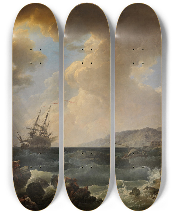 Triptych art skateboard deck of Philip James De Loutherbourg A Storm At The Entrance Of A Mediterranean Port by Philip James De Loutherbourg (1740-1812)