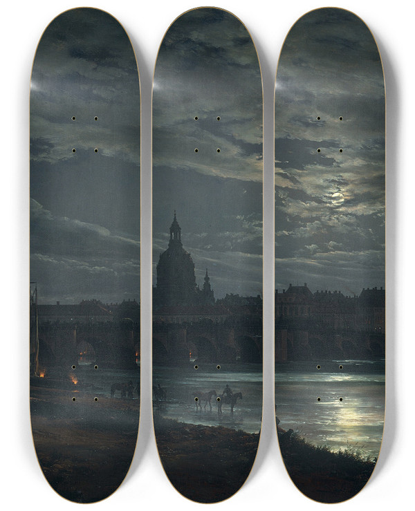 Triptych art skateboard deck of Johan Christian Dahl View Of Dresden By Moonlight_1 by Johan Christian Dahl (1788-1857)