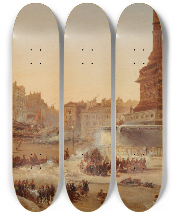 Triptych art skateboard deck of Jeanjacques Champin La Place De La Bastille Et La Barricade De Lentre Du Faubourg Saintantoine Le 25 Juin 1848 by Jean-Jacques Champin (1796-1860)