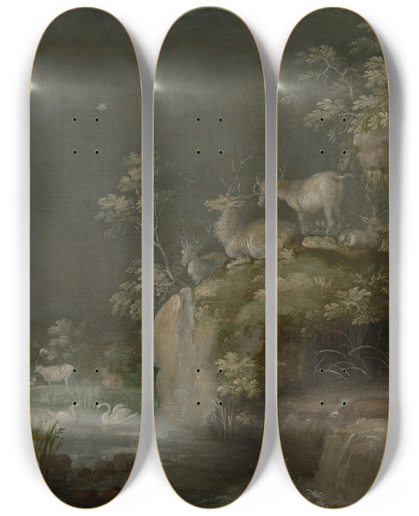 Triptych art skateboard deck of Roelant Savery Paradijselijk Landschap Met Dieren by Roelant Savery (1576-1639)