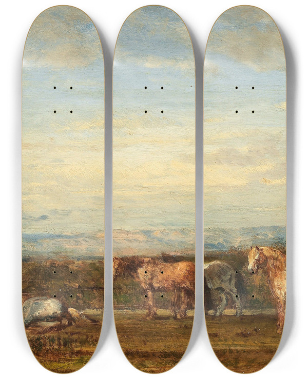 Triptych art skateboard deck of Flix Ziem Les Chevaux Camarguais by Felix Ziem (1821-1911)