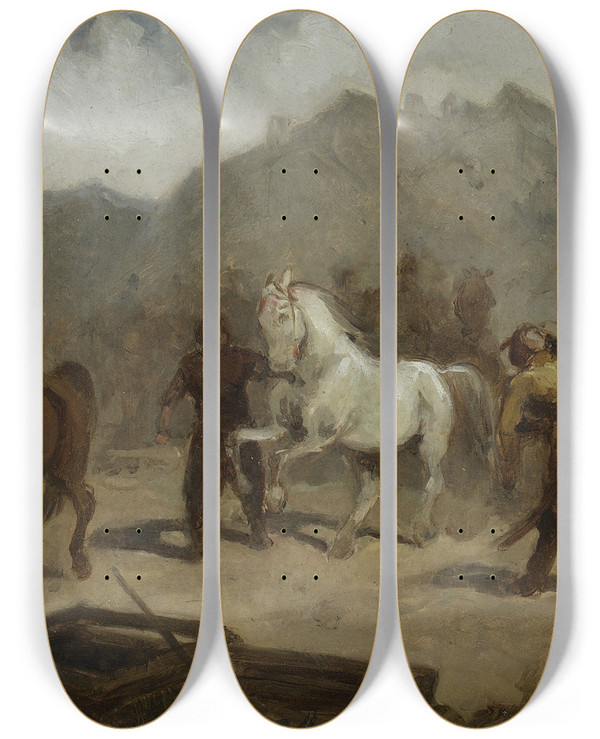 Triptych art skateboard deck of Aleksander Kotsis Horse Market by Aleksander Kotsis (1836-1877)