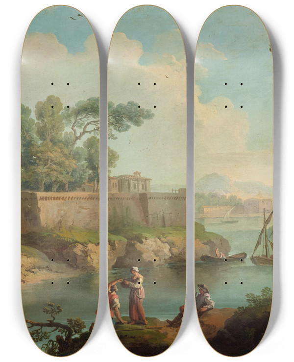 Triptych art skateboard deck of Paolo Anesi A River Landscape With Fishermen And Travellers At Rest By A Fortified Village by Paolo Anesi (1700-1774)