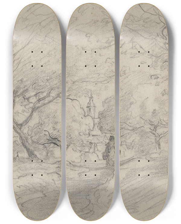 Triptych art skateboard deck of Anton Burger Waldweg Mit Frau Blick Auf Kirchturm by Anton Burger (1824-1905)