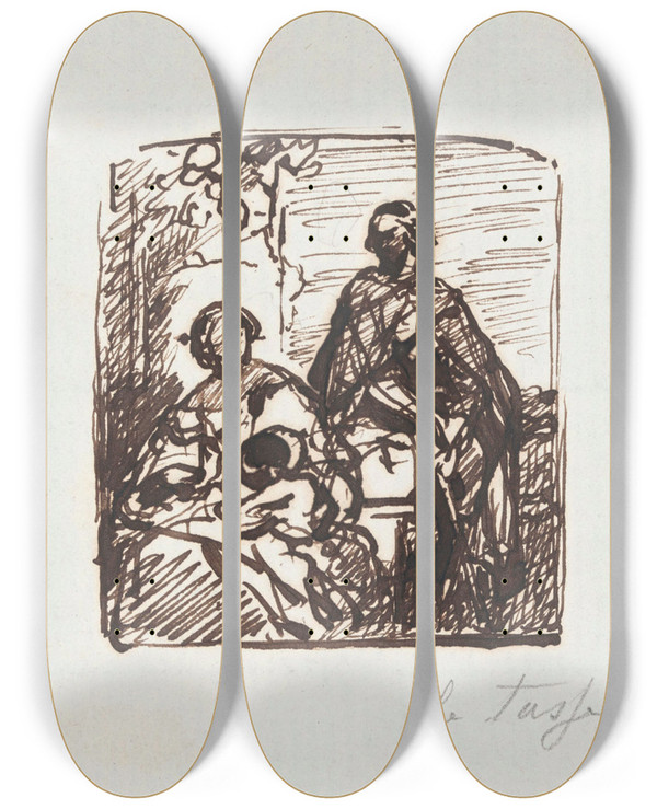 Triptych art skateboard deck of Nicaise De Keyser Torquato Tasso Dressed As A Shepard Visits His Sister Cornelia In Sorrento by Nicaise De Keyser (1813-1887)