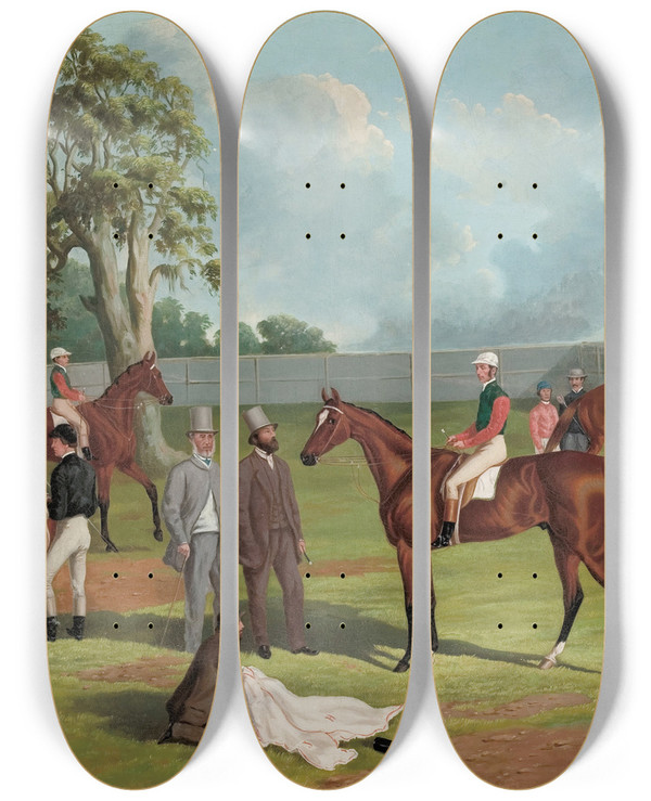 Triptych art skateboard deck of Frederick Woodhouse Group In The Dowling Forest Racecourse Enclosure Ballarat 1863 by Frederick Woodhouse (1820-1909)