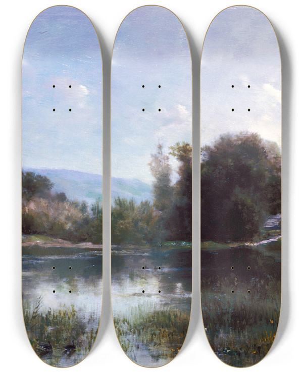 Triptych art skateboard deck of Charles Franois Daubigny Pond At Gylieu by Charles Francois Daubigny (1817-1878)