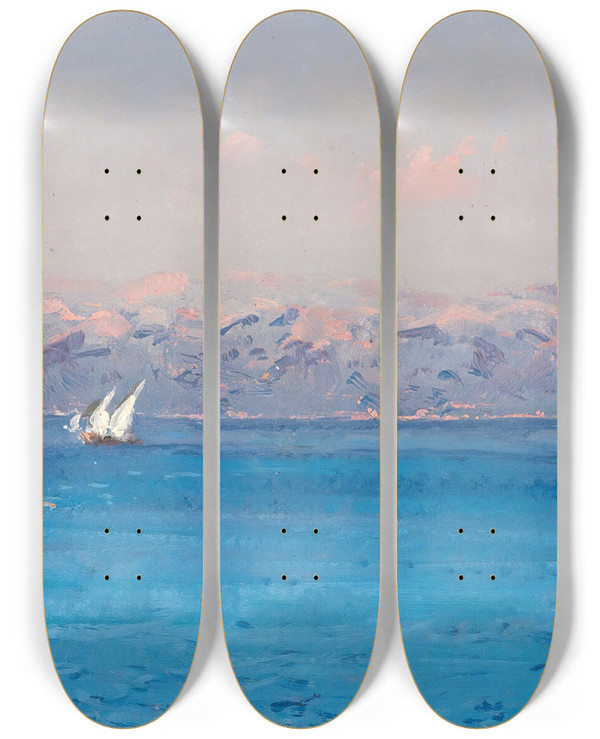 Triptych art skateboard deck of Fausto Zonaro The Aegean Coast_2 by Fausto Zonaro (1854-1929)