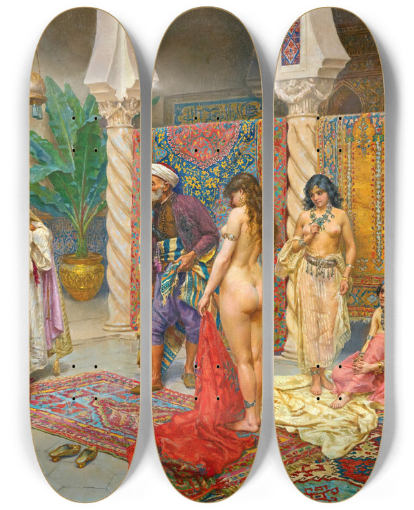 Triptych art skateboard deck of Giulio Rosati Choosing The Favourite by Giulio Rosati (1858-1917)