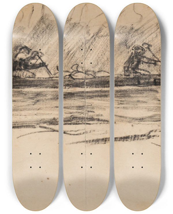 Triptych art skateboard deck of Winslow Homer Canoe With Two Men by Winslow Homer (1836-1910)
