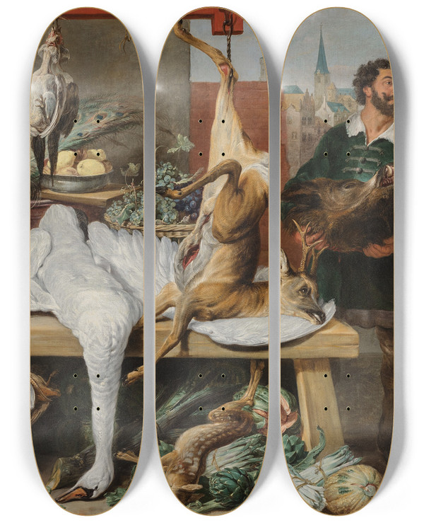 Triptych art skateboard deck of Frans Snyders Game Market_2 by Frans Snyders (1579-1657)