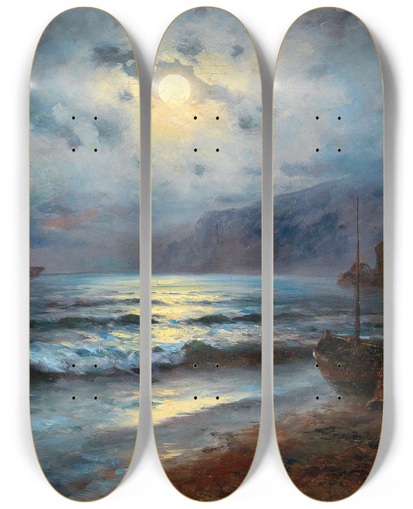 Triptych art skateboard deck of Grigori Ivanovitch Kapustin Smugglers On The Crimean Coast by Grigori Ivanovitch Kapustin (1865-1925)